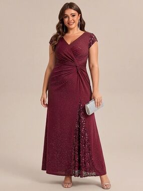 🆕 Plus Size Knotted Knit Cap Sleeve Maxi Glitter Evening Dress